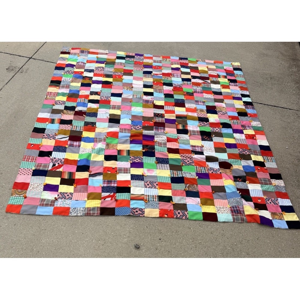 Vintage Handmade Patchwork Scrap Quilt Hand Tied Multicolor 80x96 Full Queen